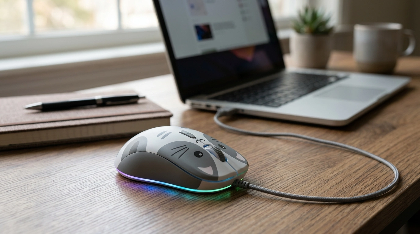 Silent Cat Pattern Wired USB Mouse with Color Backlight