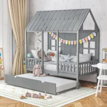 Twin House Bed with Trundle & Guardrails (No Box Spring)